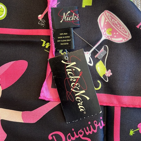 Nick & Nora black silk “cocktail” scarf with pink & green cocktails.  21” square - Picture 4 of 4